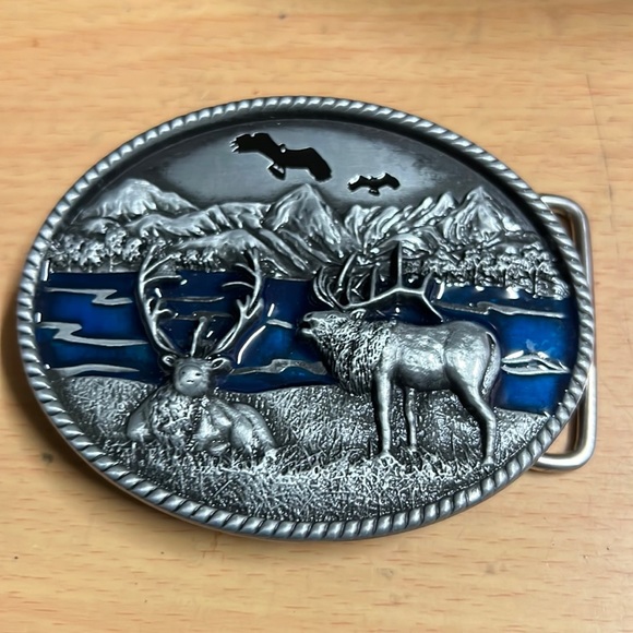 Men Belt Buckle Jeans Friend Antique Silver Blue Enamel Moose - Picture 3 of 5